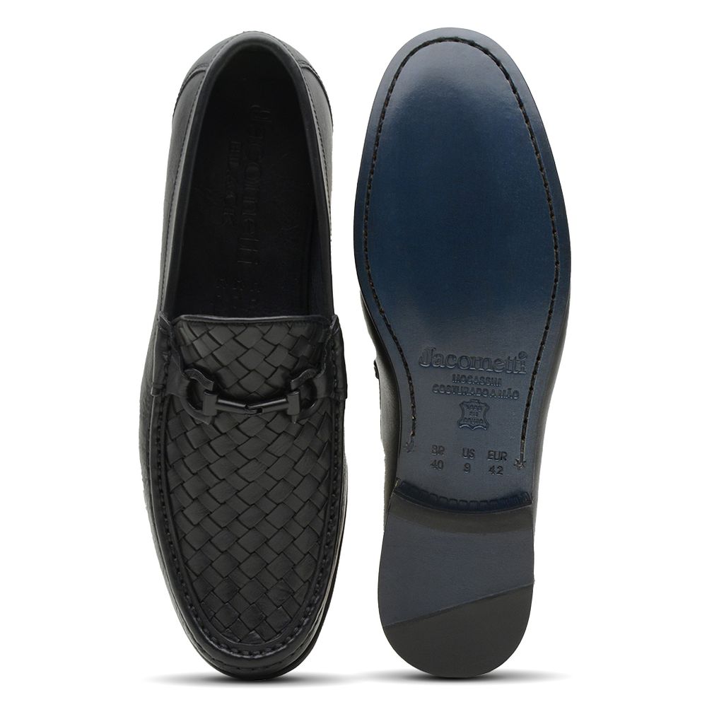 Mocassim Masculino de Couro Tressê Preto Gj01 Solado De Couro