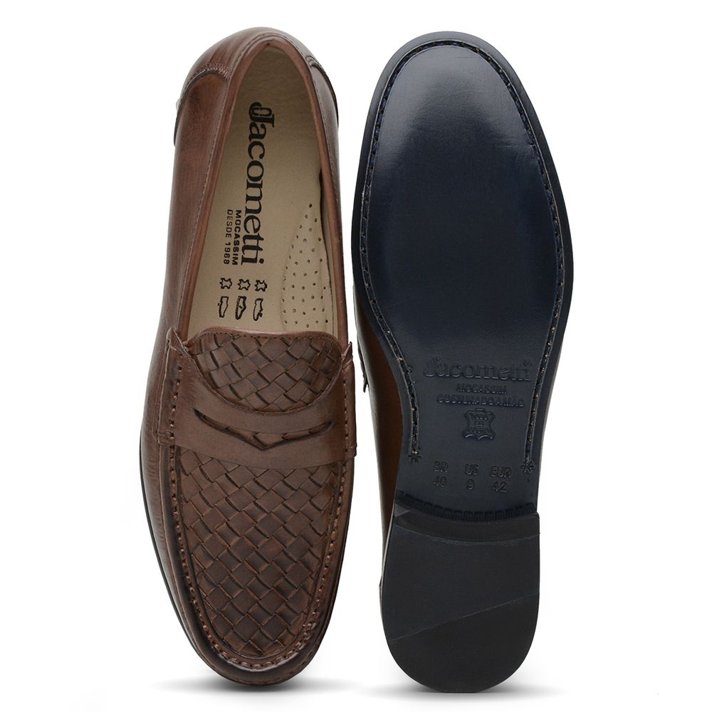 Mocassim Masculino de Couro Tressê Capuccino Gj03 Solado De Couro