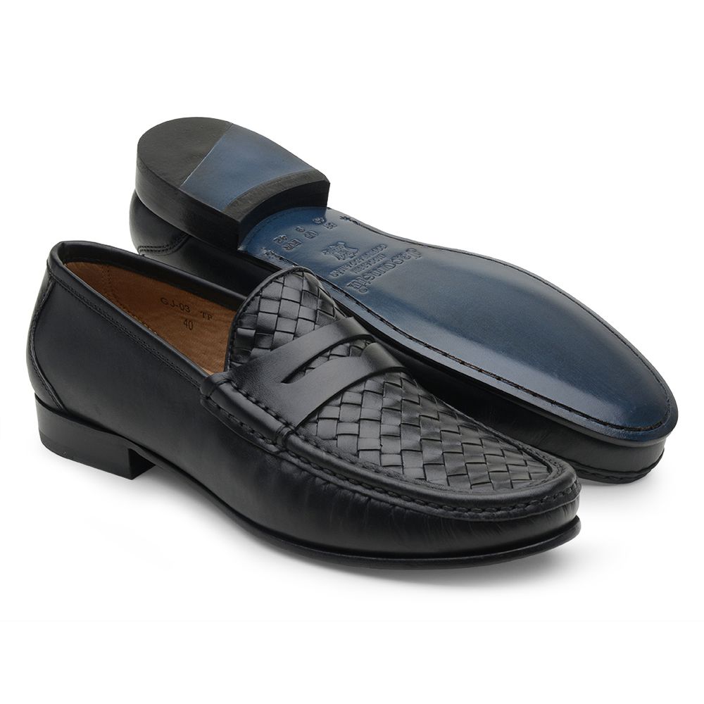 Mocassim Masculino de Couro Tressê Preto Gj03 Solado De Couro