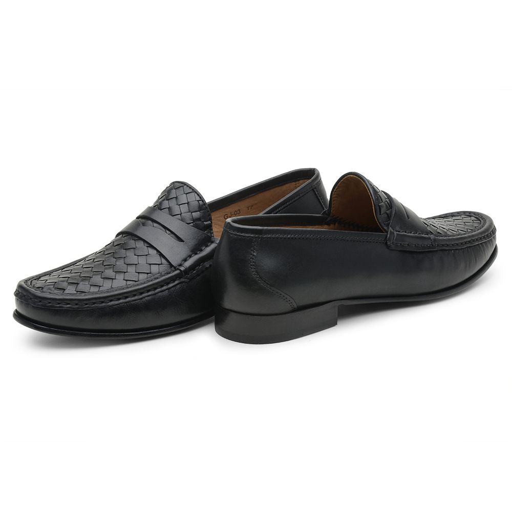 Mocassim Masculino de Couro Tressê Preto Gj03 Solado De Couro