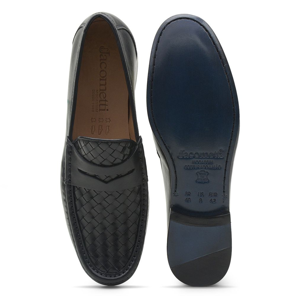 Mocassim Masculino de Couro Tressê Preto Gj03 Solado De Couro