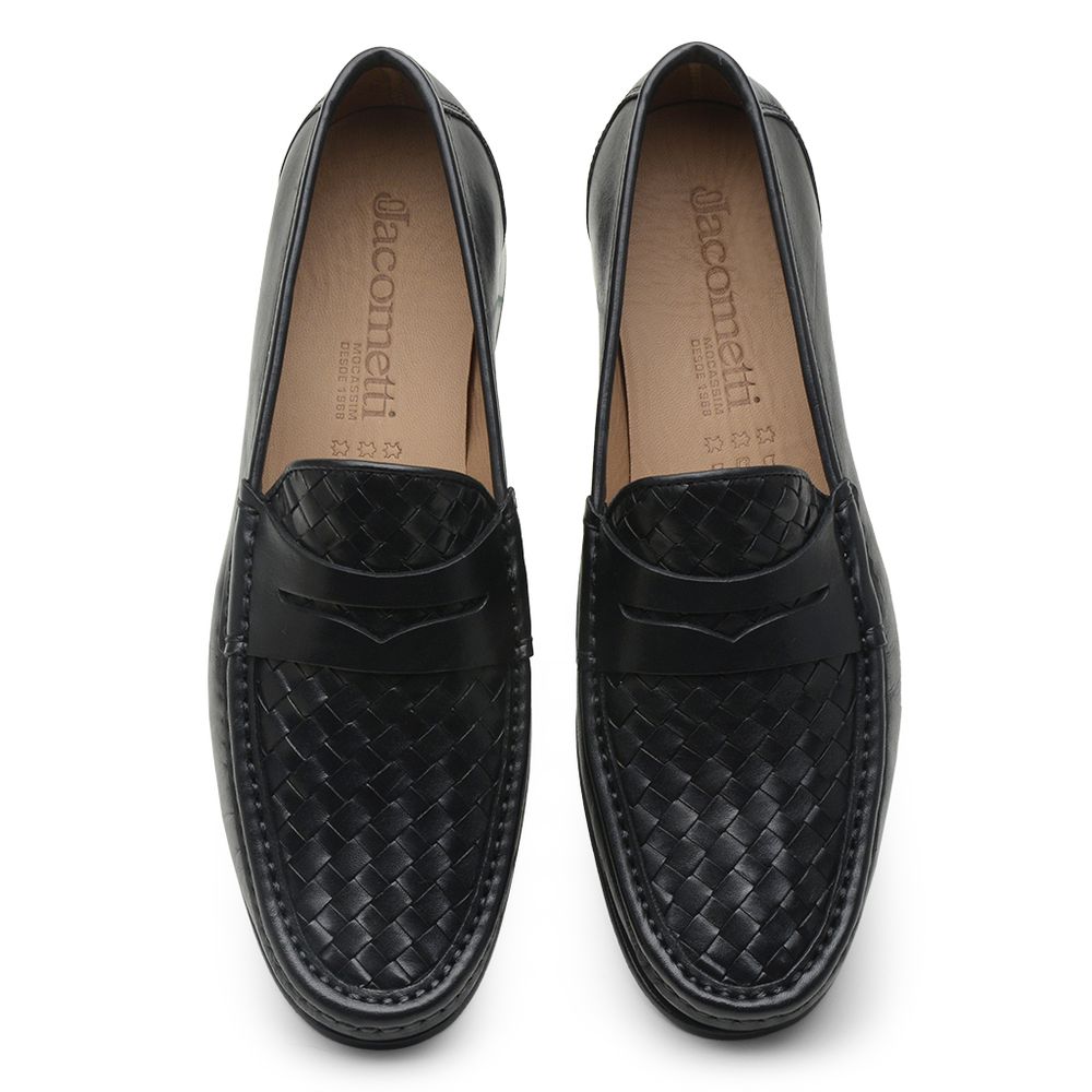 Mocassim Masculino de Couro Tressê Preto Gj03 Solado De Couro