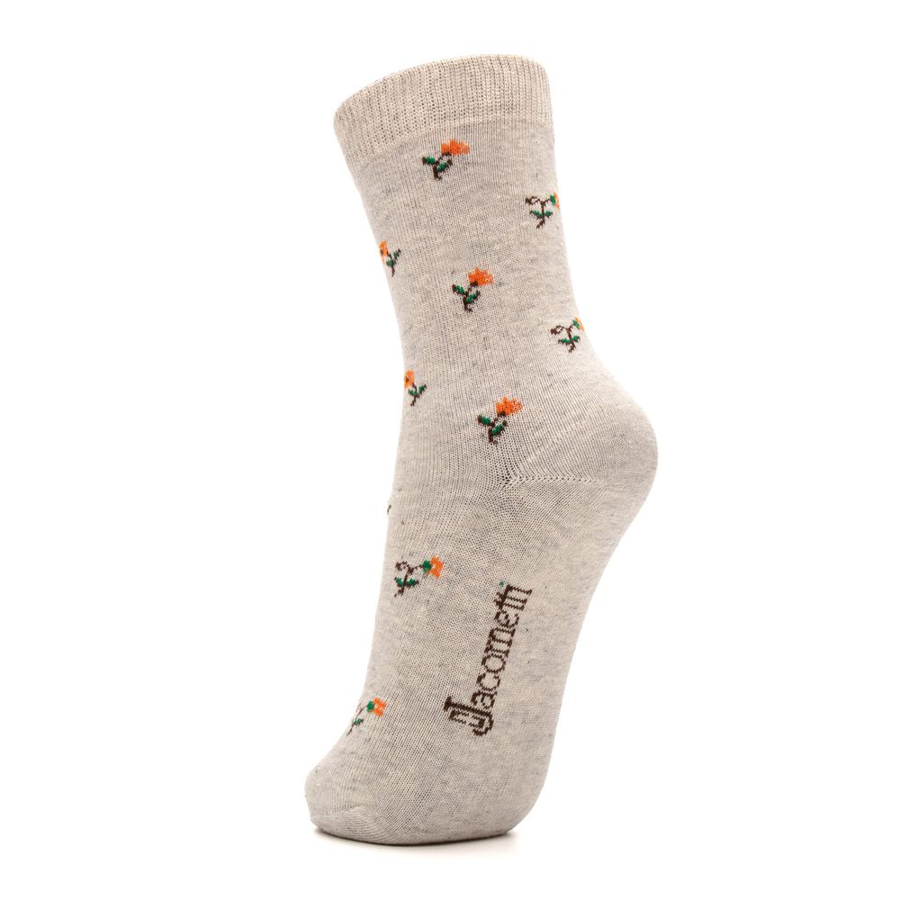 Meia de Algodão Cano Médio Floral Creme com Laranja