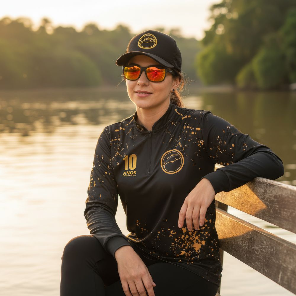 Camisa de Pesca Feminina Rancho do Matuto Edição Comemorativa 10 Anos Proteção UV - Preto/Dourado
