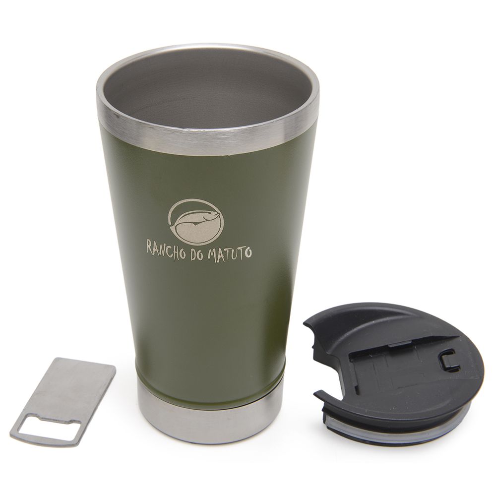 Copo Térmico em Aço Inox 550ml com Tampa e Abridor de Garrafas - Verde Musgo