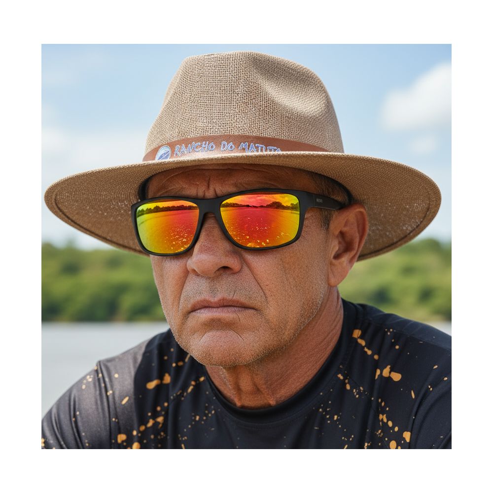 Óculos Solar Pescaria Polarizado Lente Espelhada Resistente Flexível Proteção UV +400 - Preto/Preto/Laranja