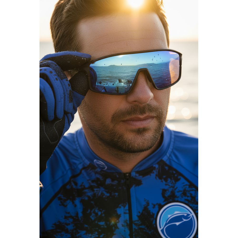 Óculos Solar Matuto Esportivo Espelhado Resistente Proteção UV - Preto/Preto/Azul