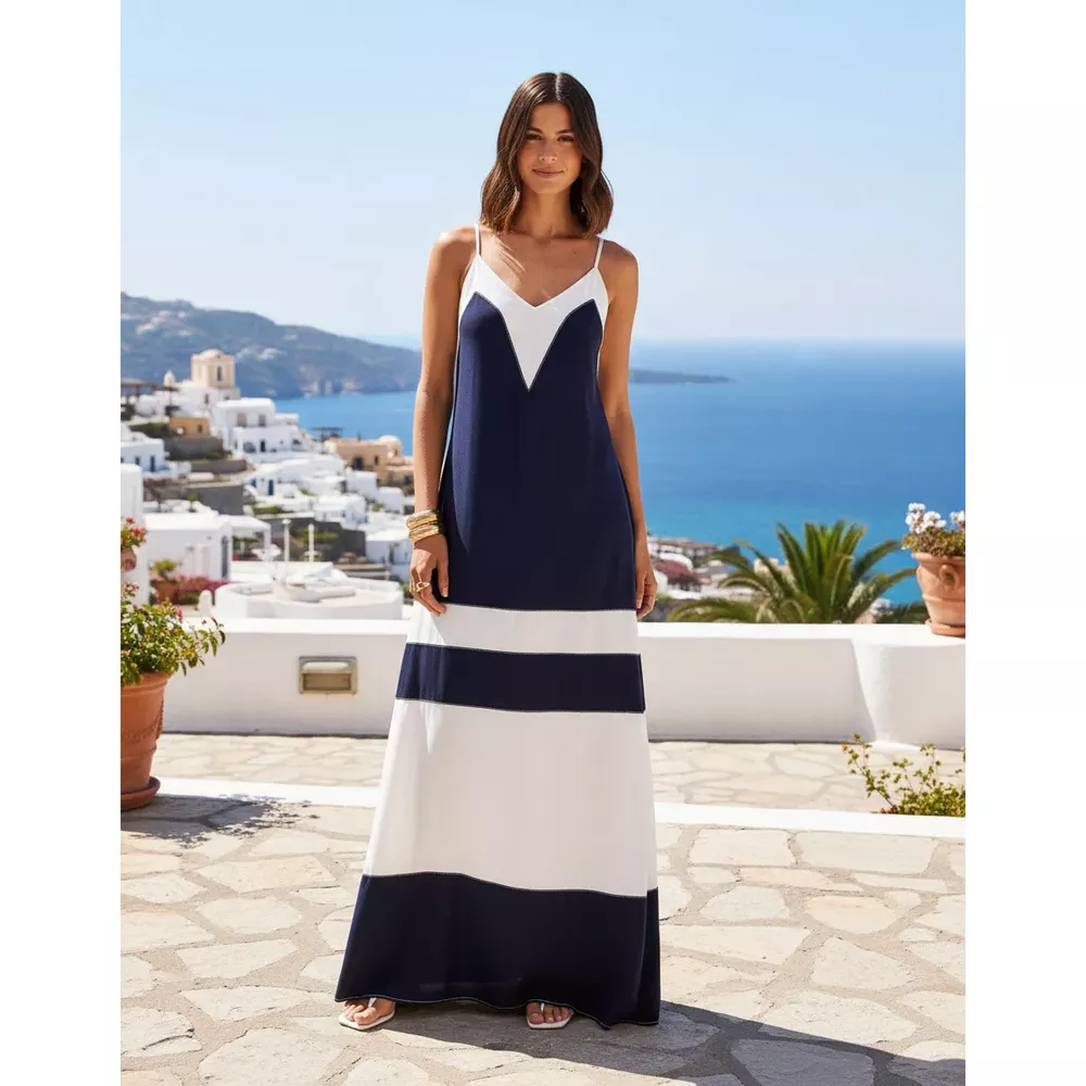 VESTIDO SUPER MIDI DE ALÇAS AZUL MARINHO E BRANCO - Le Preppy