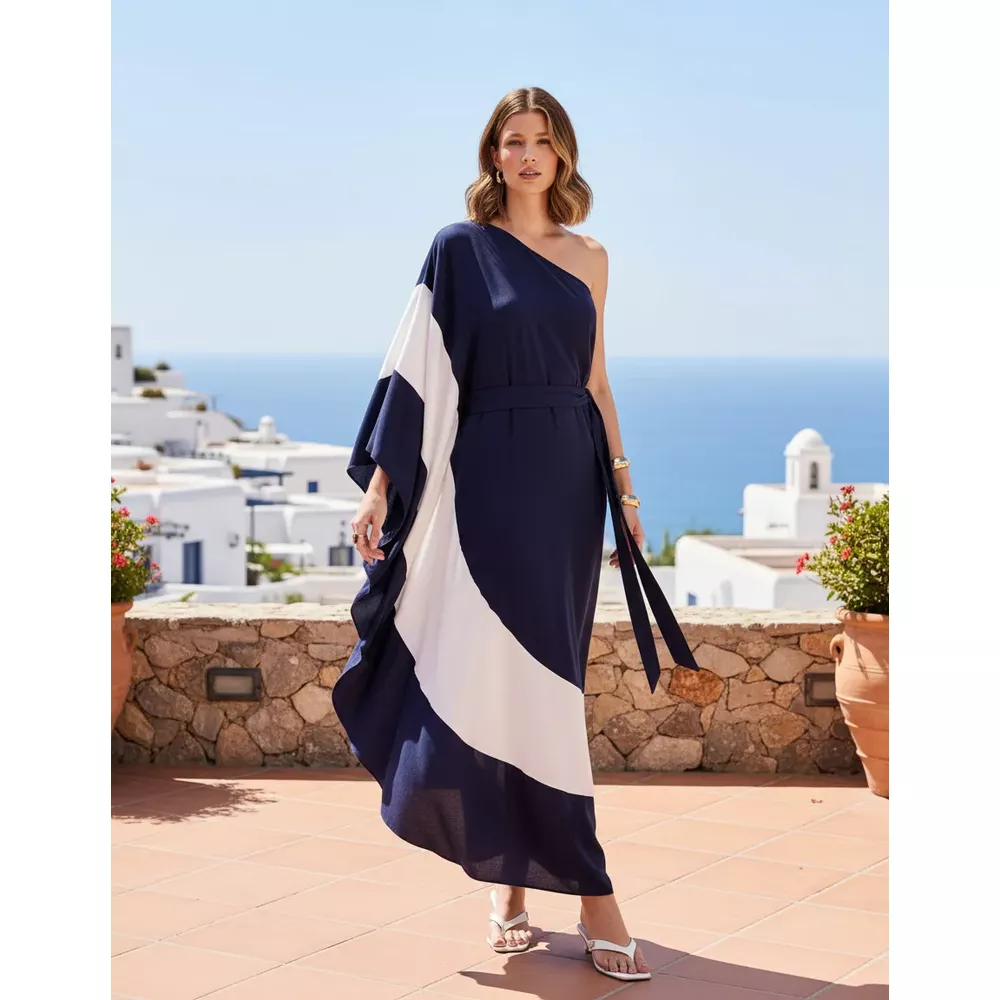 VESTIDO MANGA ÚNICA AZUL MARINHO E BRANCO - Le Preppy