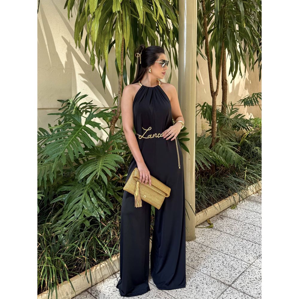 MACACÃO LONGO PRETO COM COLAR DE METAL DOURADO - Le Preppy