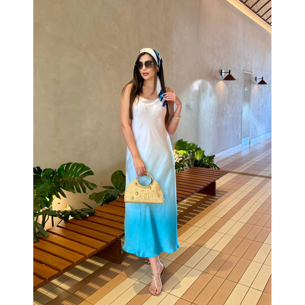 VESTIDO SLEEP ACETINADO AZUL E OFF - Le Preppy