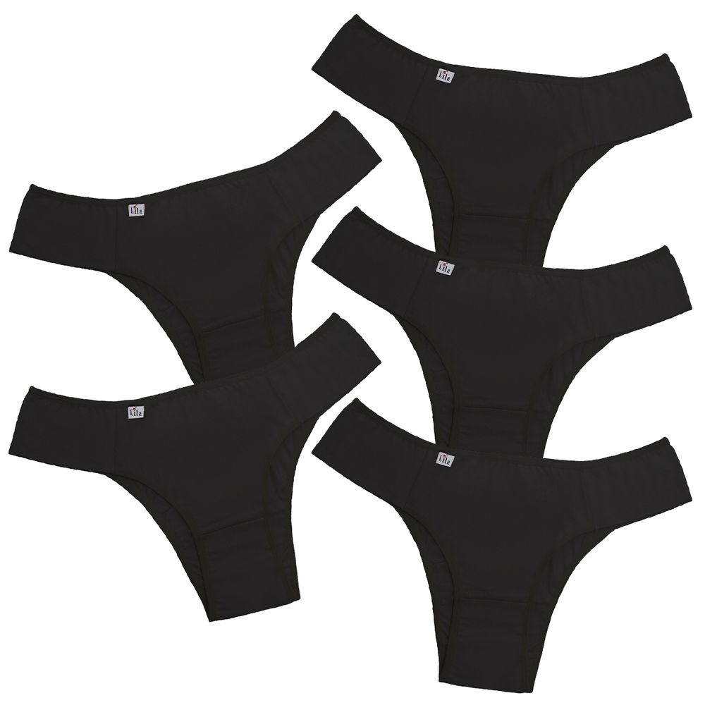 Kit 5 Calcinhas em Algodão Lateral Tecido Duplo 0010 - PRETO - LILA LINGERIE