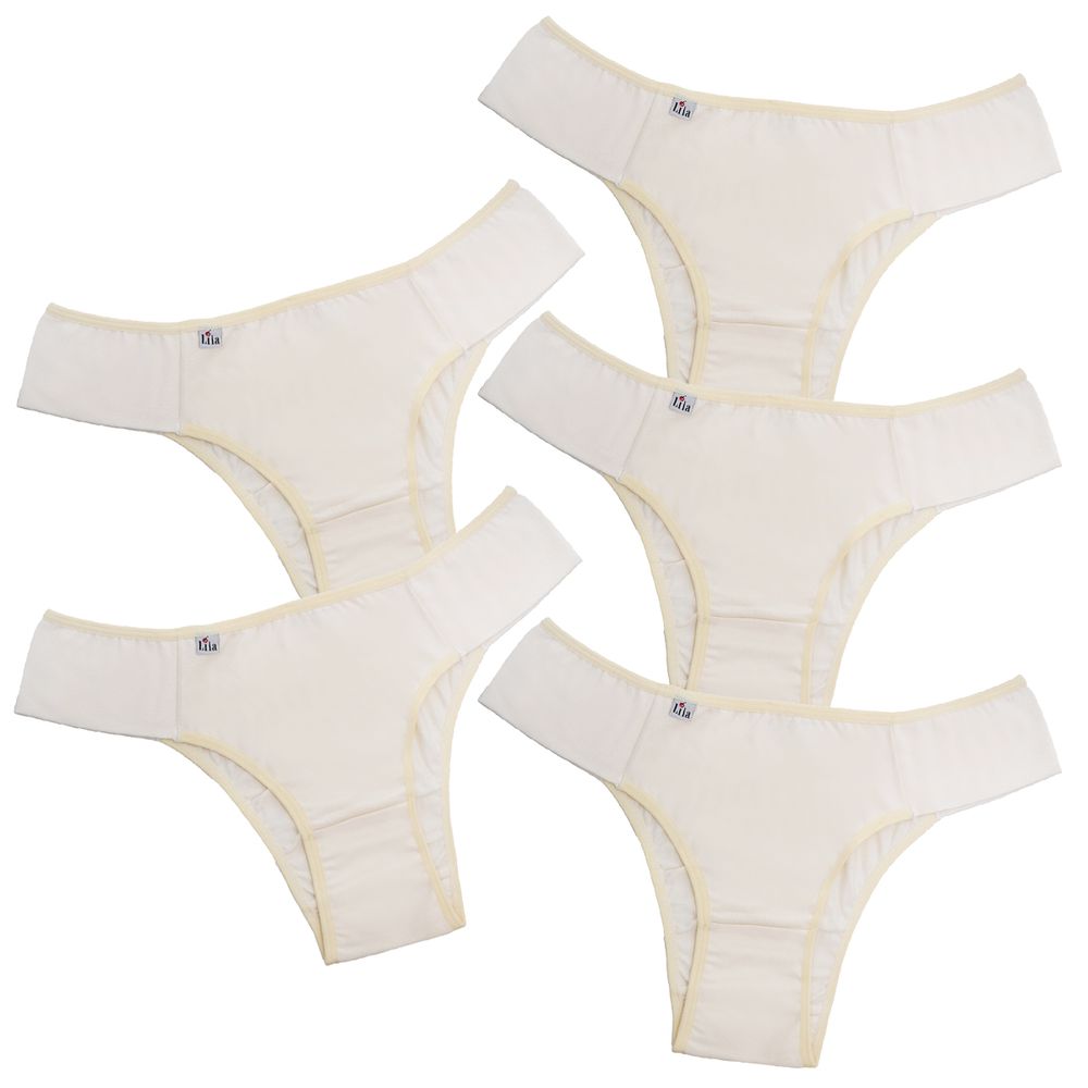 Kit 5 Calcinhas em Algodão Lateral Tecido Duplo 0010 - MARFIM - LILA LINGERIE
