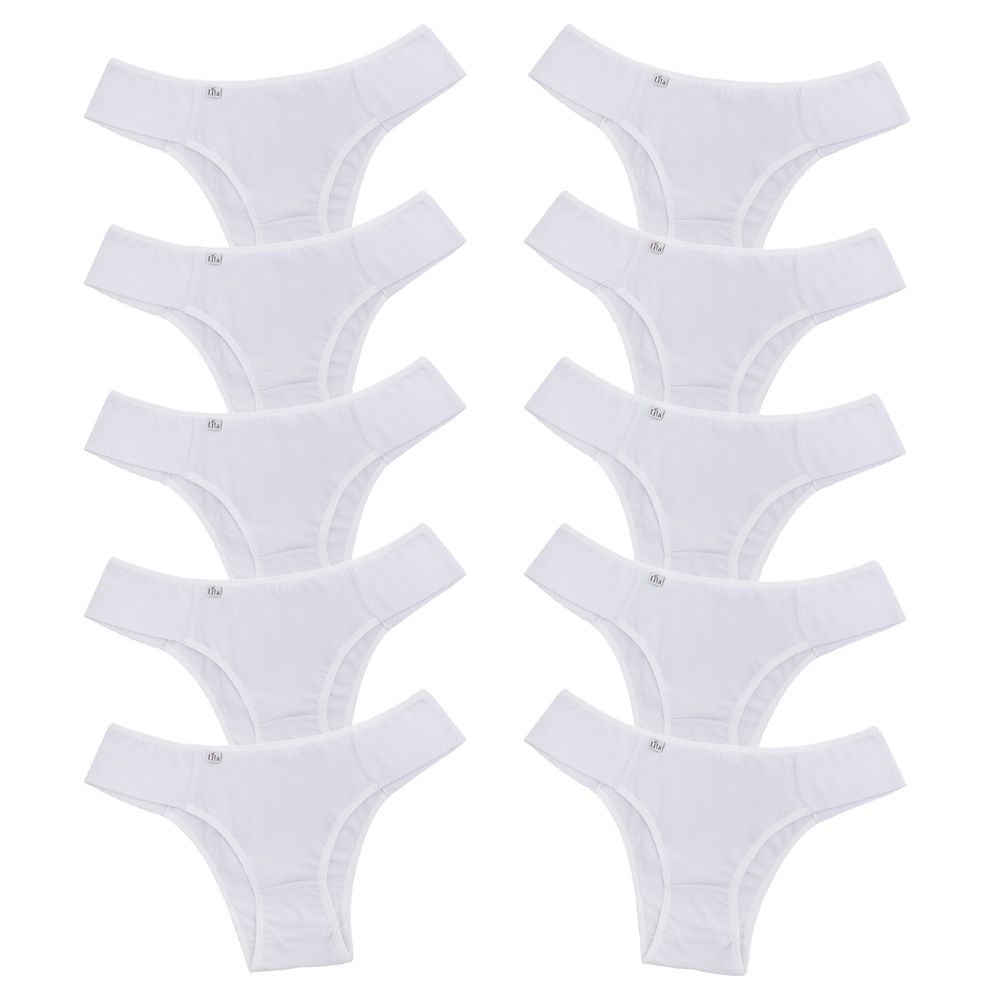 Kit 10 Calcinhas em Algodão Lateral Tecido Duplo 0010 - BRANCO - LILA LINGERIE