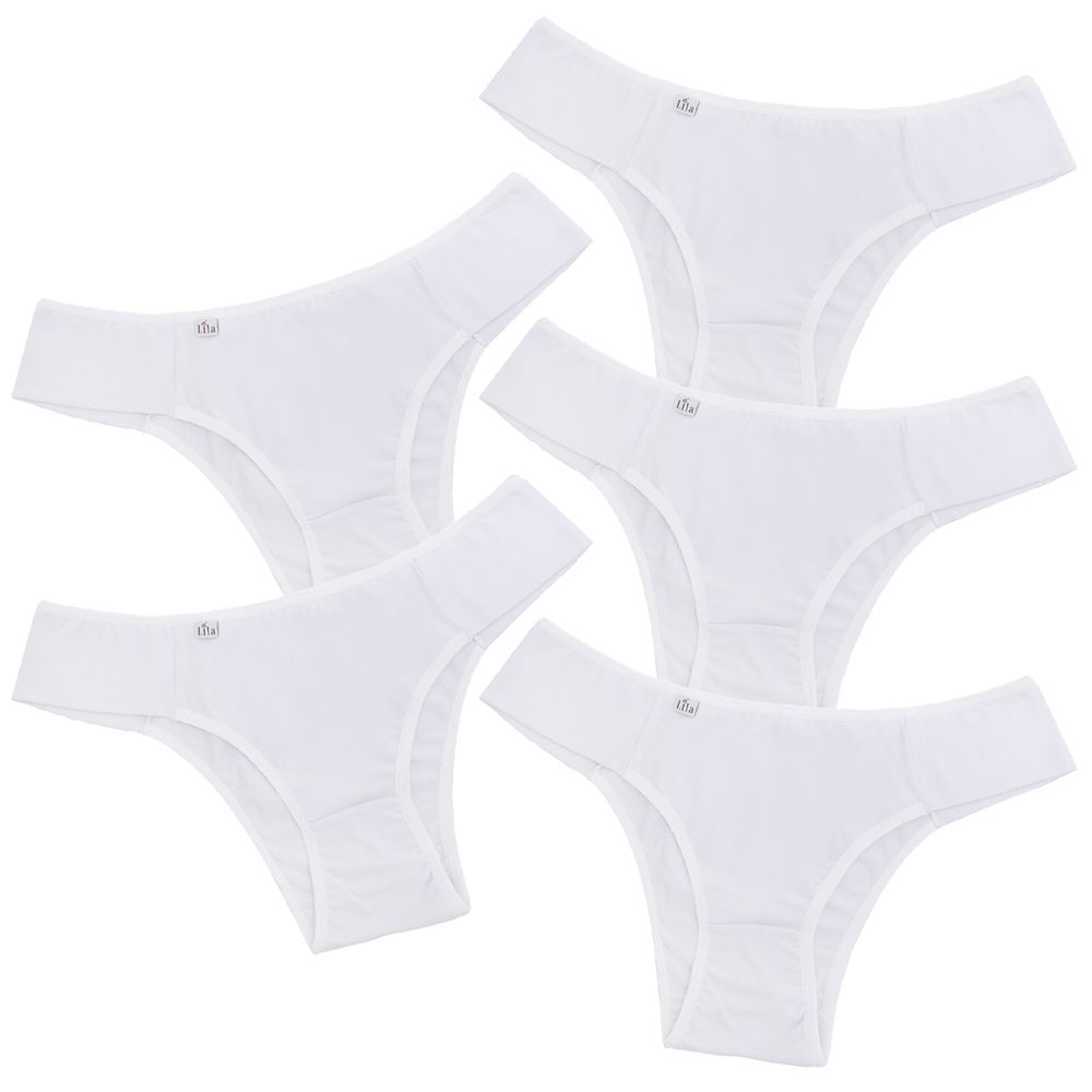 Kit 5 Calcinhas em Algodão Lateral Tecido Duplo 0010 - BRANCO - LILA LINGERIE