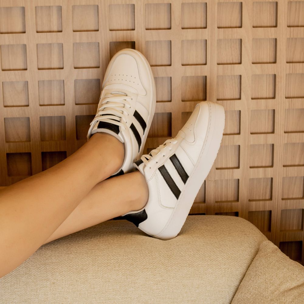 Tênis Casual Hannah Em Couro Branco/ Preto