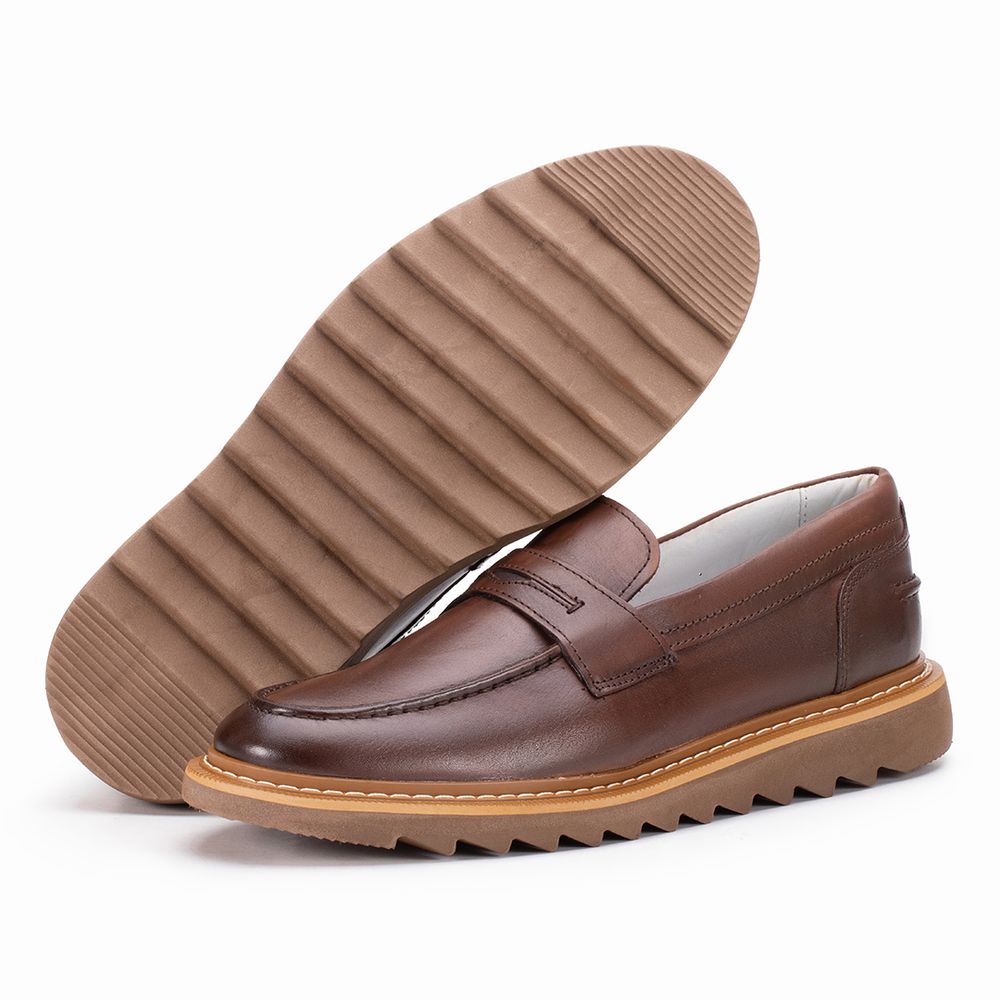 Mocassim Casual Palermo de Couro Conhaque Sola Tra... - KÉFFOR Calçados