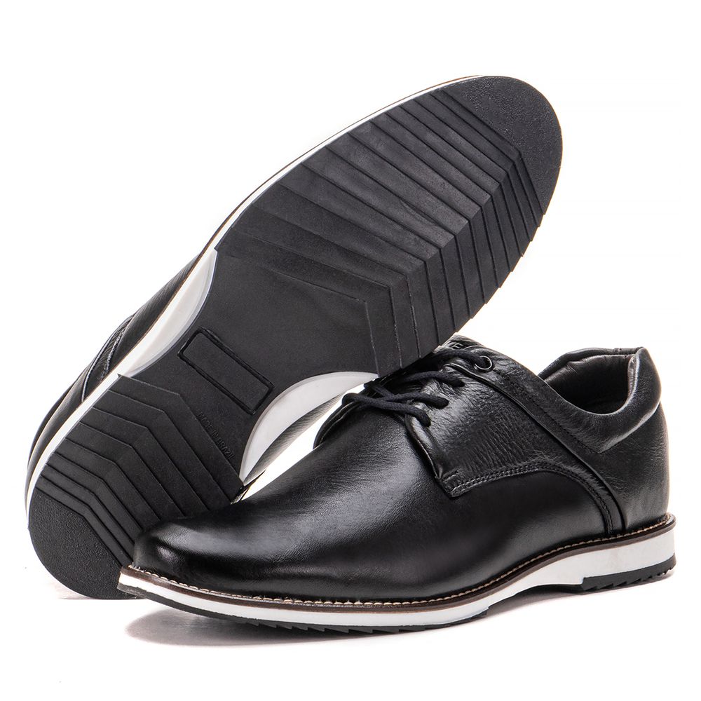 Sapato Oxford De Couro Preto Bico Redondo Com Cada... - KÉFFOR Calçados