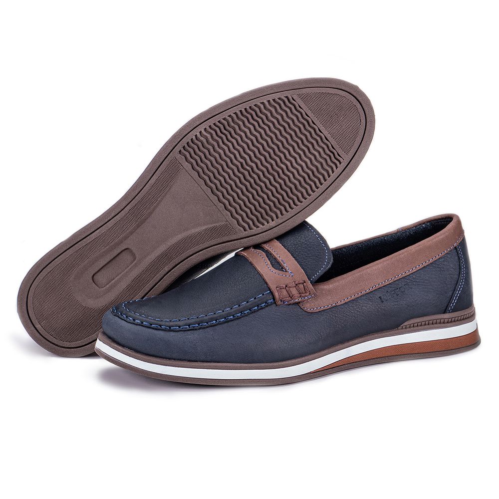 Mocassim Masculino De Couro Confortável Marinho Tr... - KÉFFOR Calçados