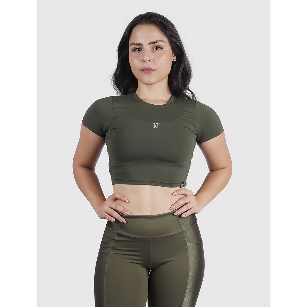 Cropped Luna Usup Verde Militar Poliamida Uv 50+ Blackout Manga Curta
