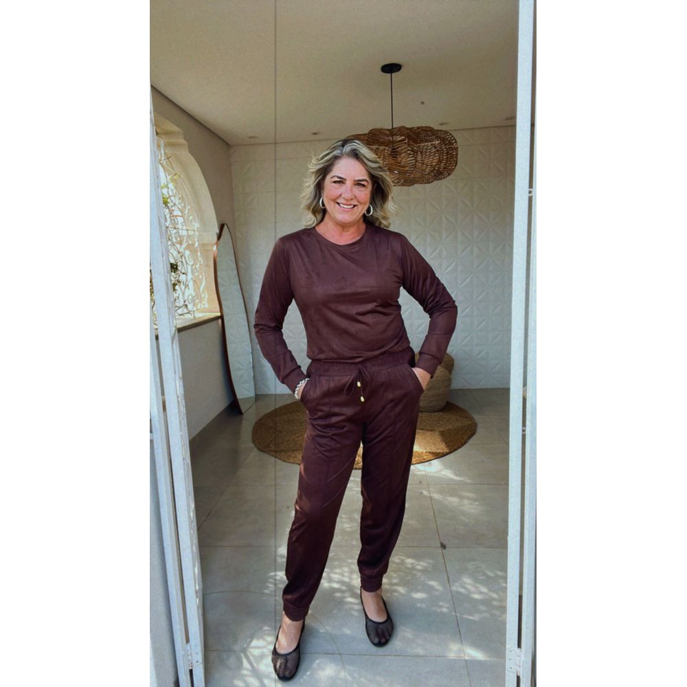 Conjunto Suede Manga Longa Marrom Café 