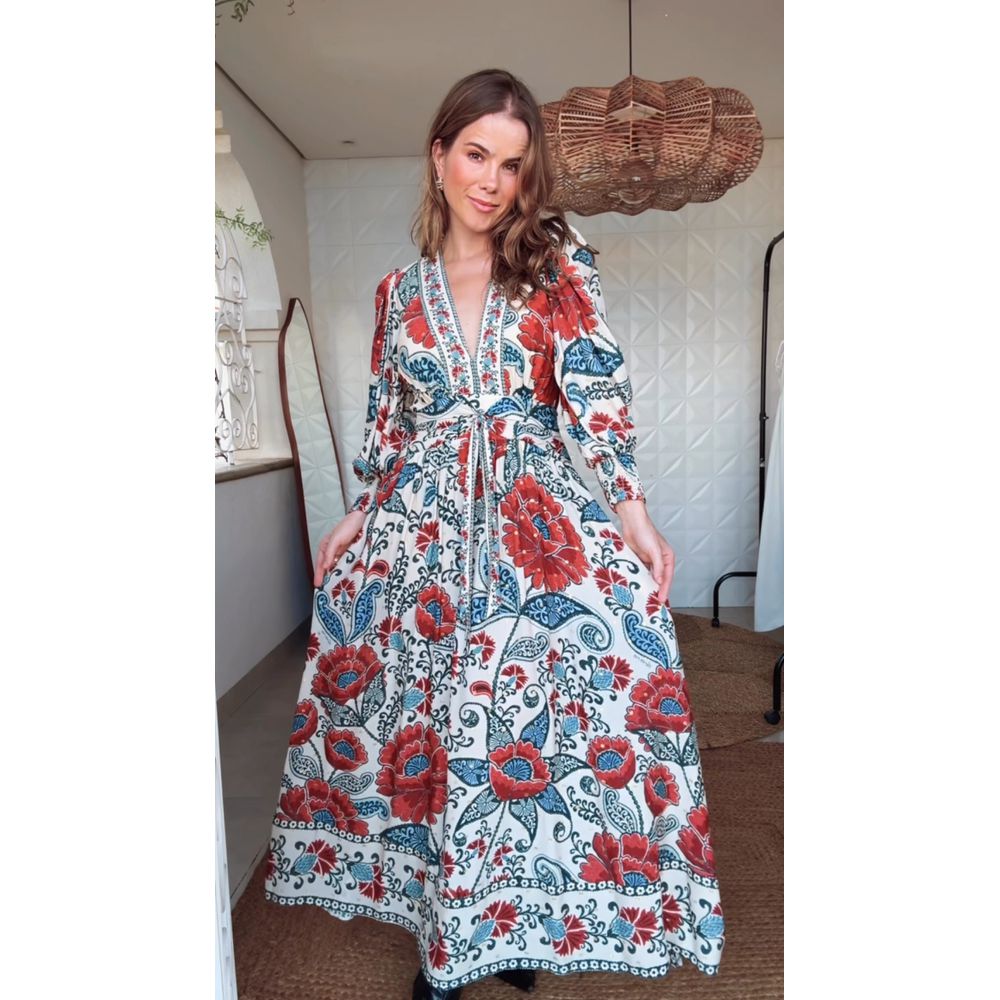 Vestido Longo Manga Francisca Estampado