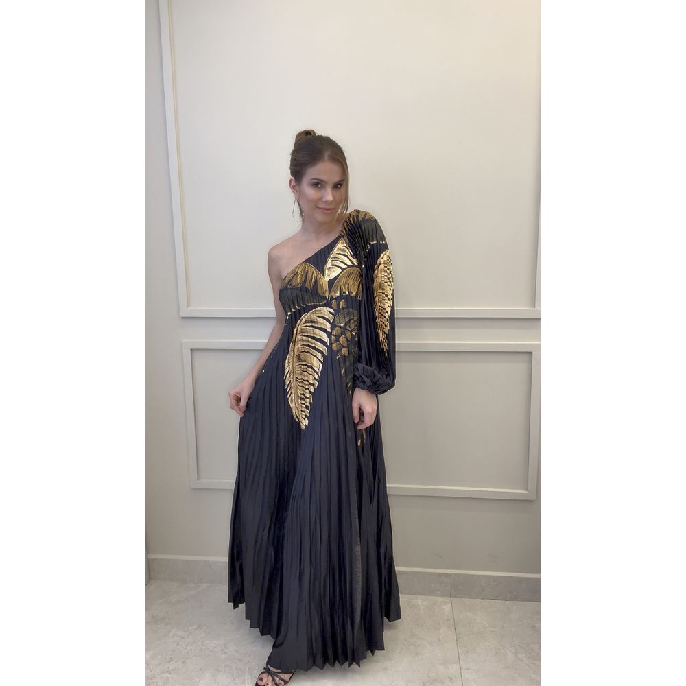 Vestido Plissado Itacare Preto Estampado