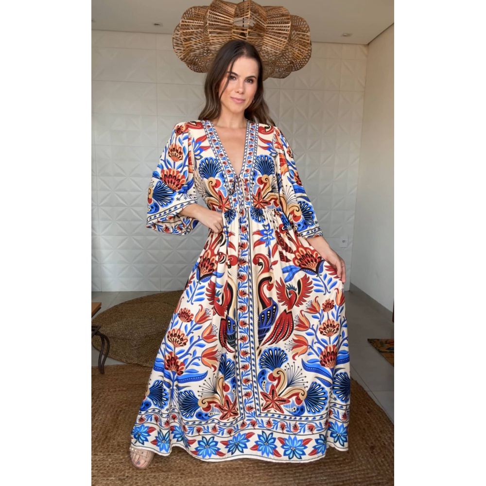 Vestido Longo Manga Sonho De Mar Estampado
