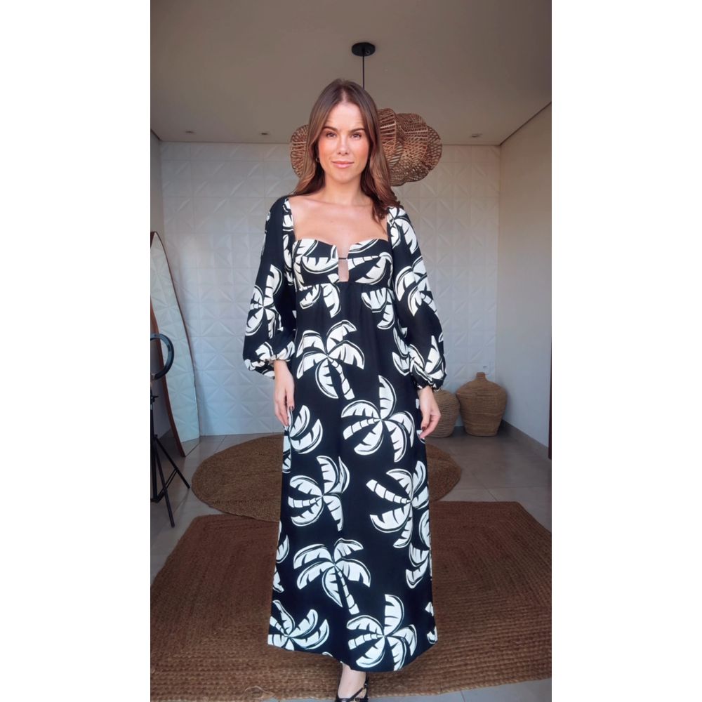 Vestido Longo Manga Coqueirada Estampado