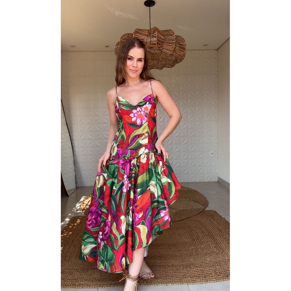 Vestido Assimétrico Folhagem Estampado