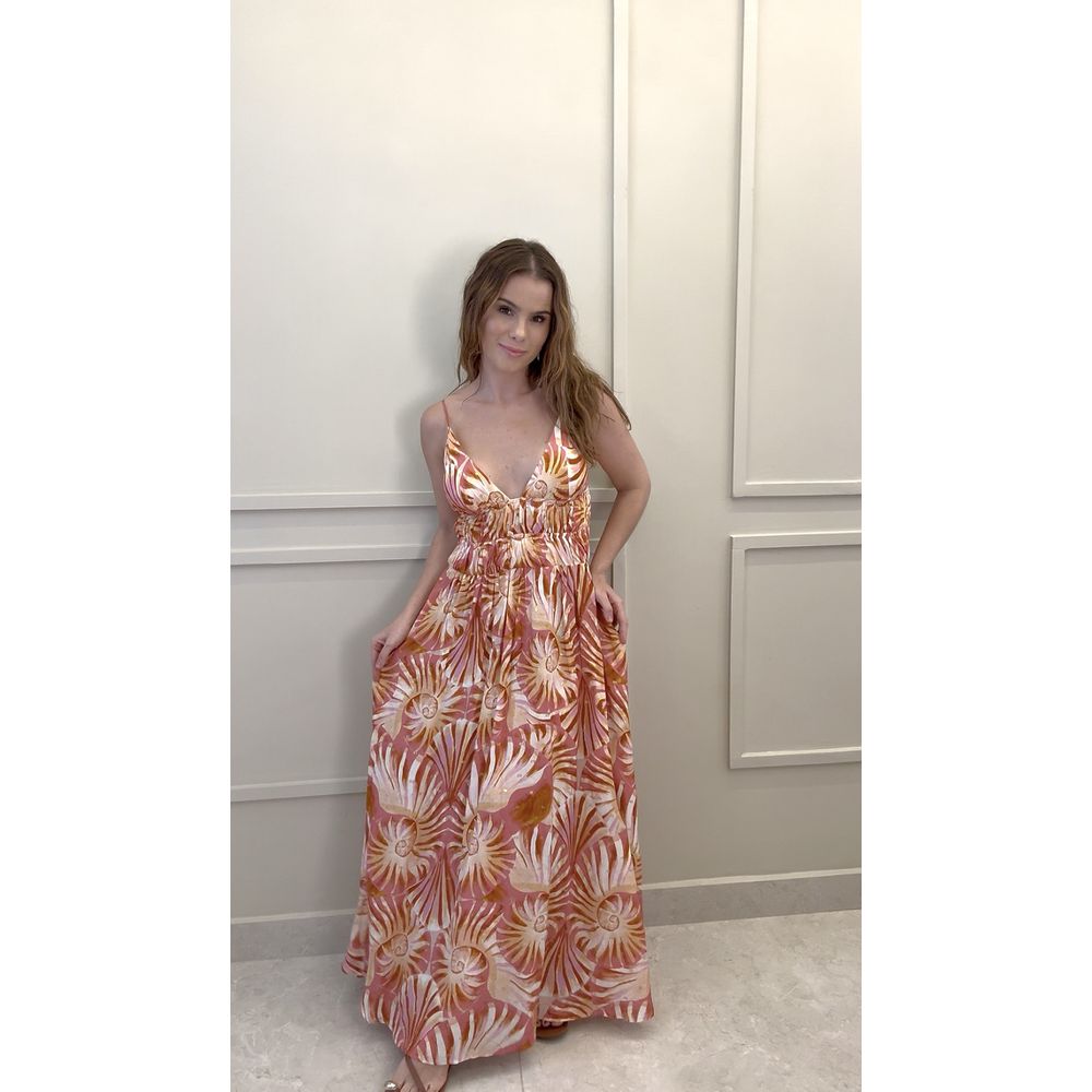 Vestido Longo Alça Mar De Concha Estampado