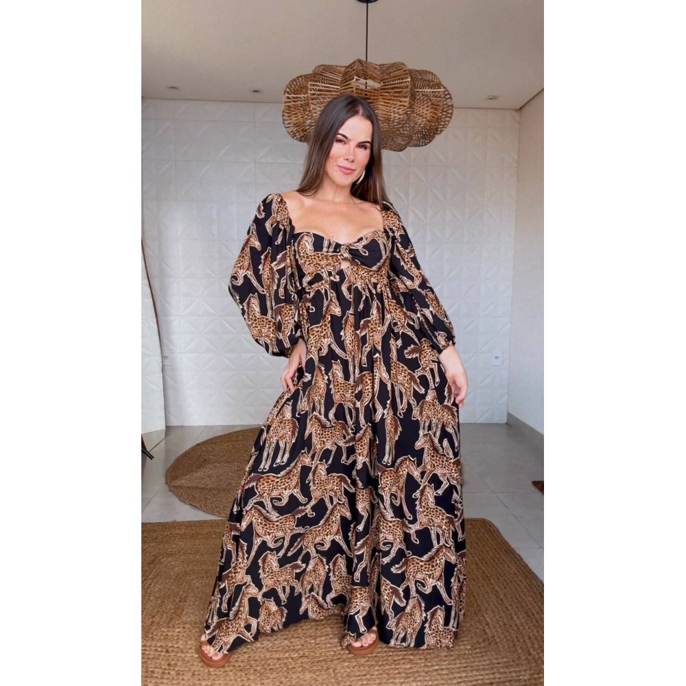 Vestido Longo Cavalo Onça Estampado