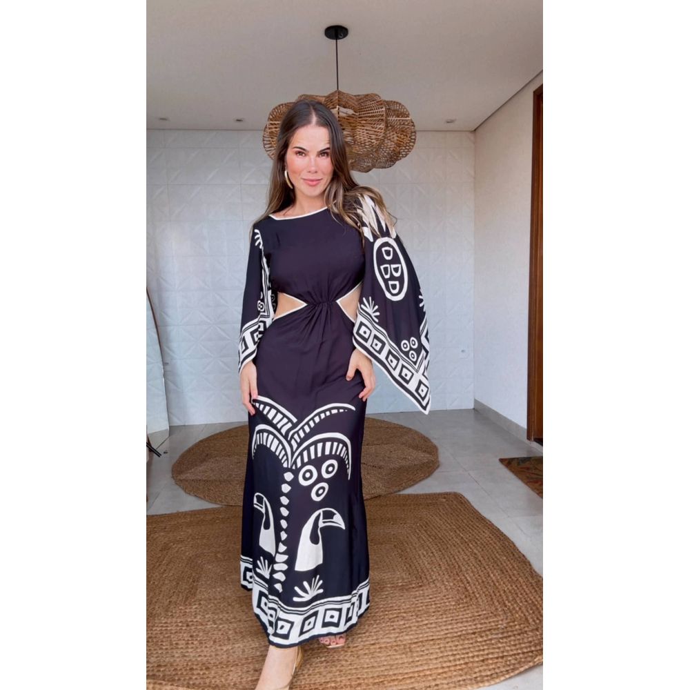 Vestido Manga Lenço Tropicano Estampado