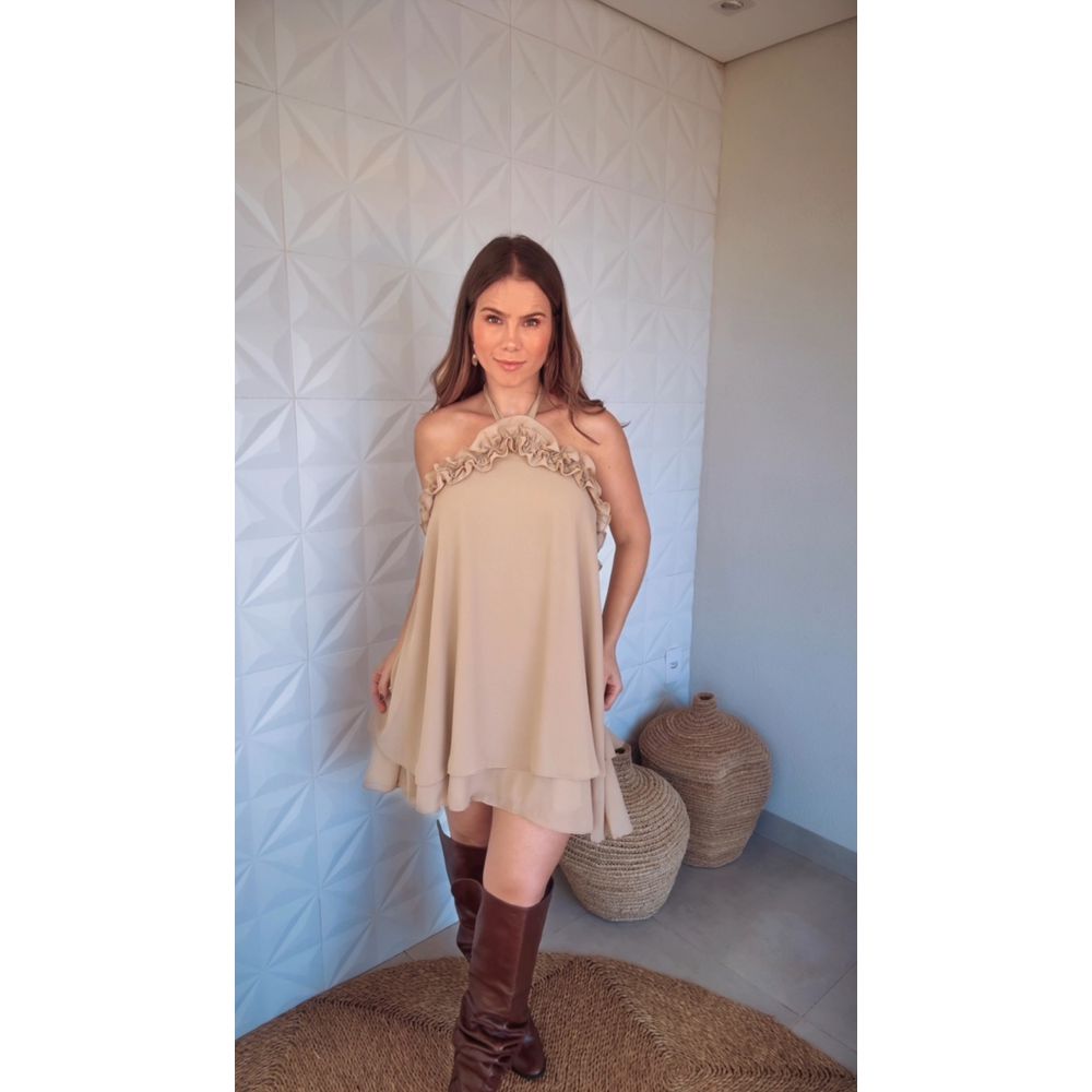 Vestido Curto Babado Bege 