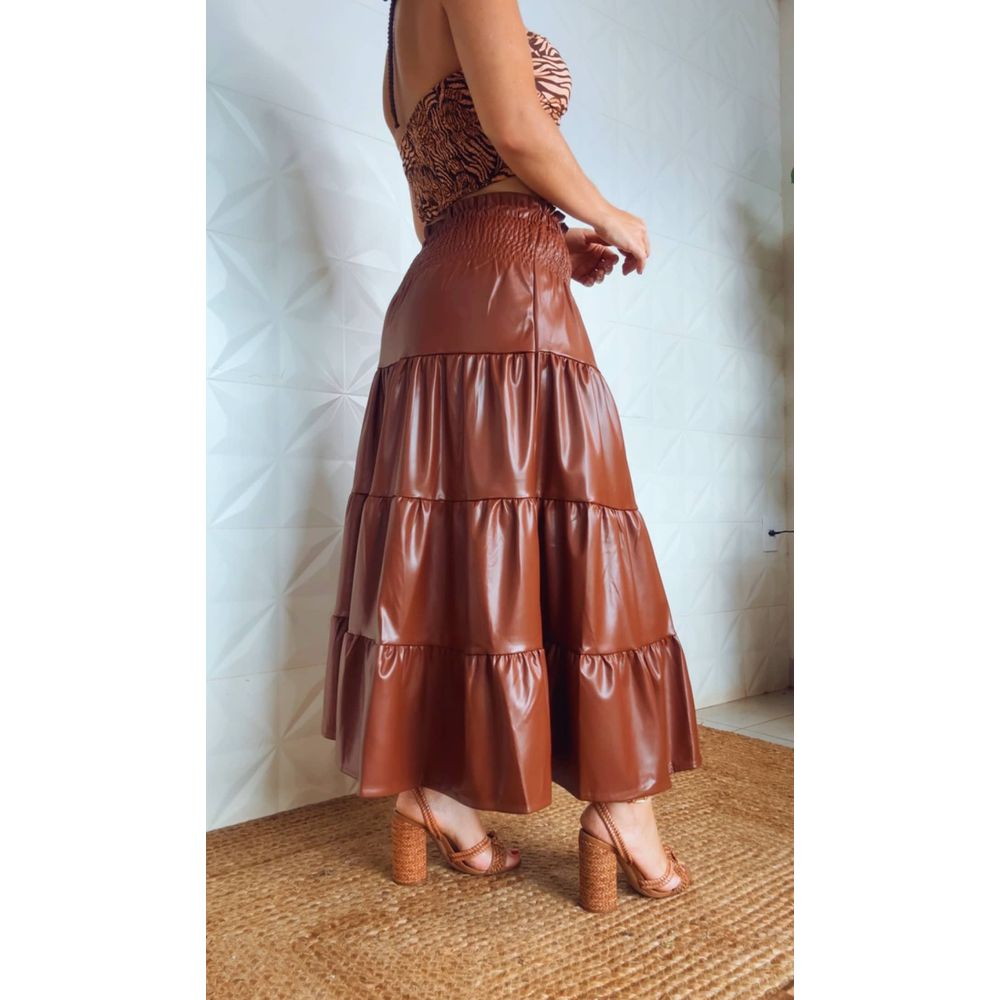 Saia de couro marrom shop com babado