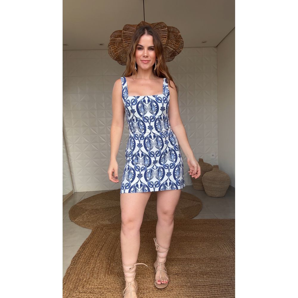 Vestido Curto Cavalos Marinho Estampado