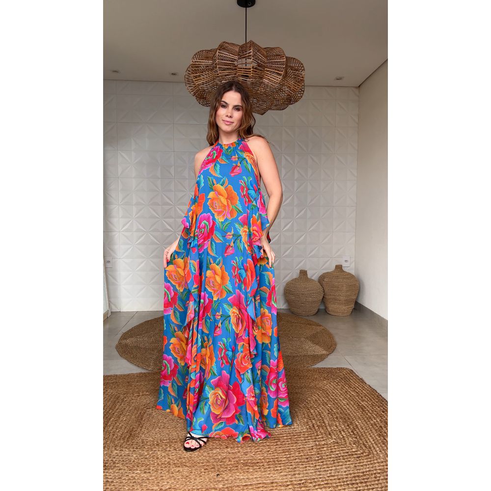 Vestido Babados Rosas Pintadas Estampado
