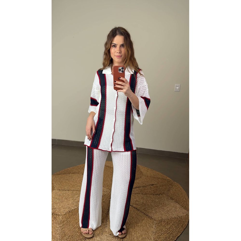 Conjunto Calça Crochê Listrado Off White