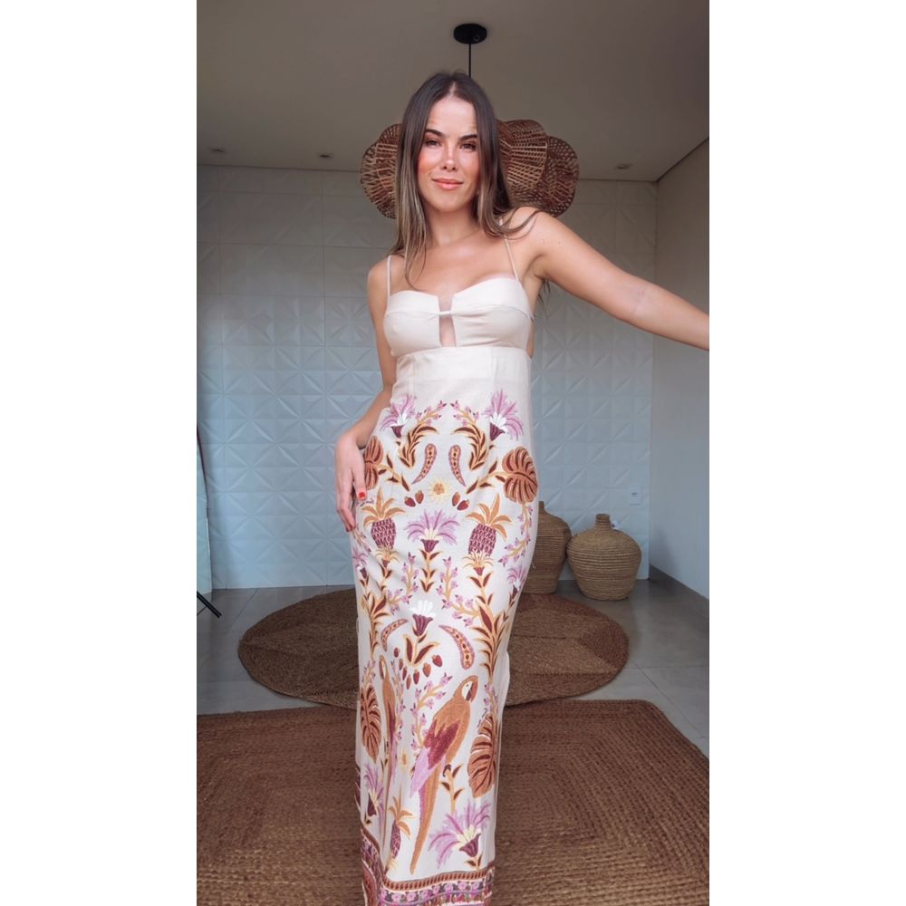 Vestido Longo Alça Tapeçaria Tropical Estampado