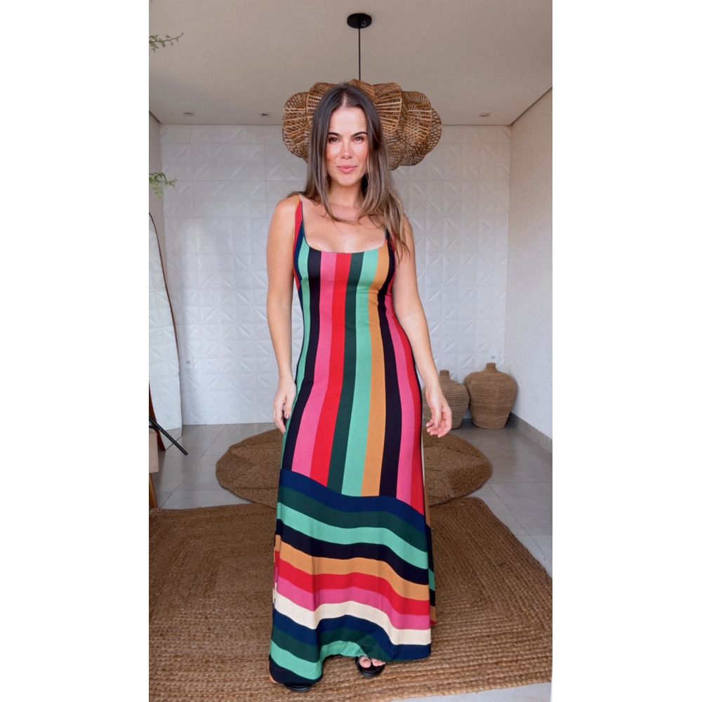 Vestido Listra Onda De Cor Estampado