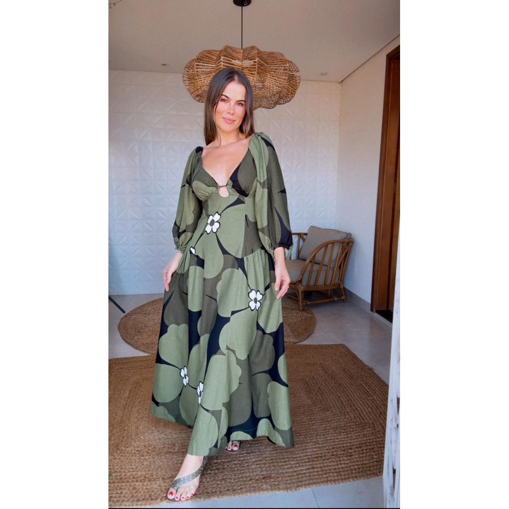 Vestido Mangas Flor Bela Estampado