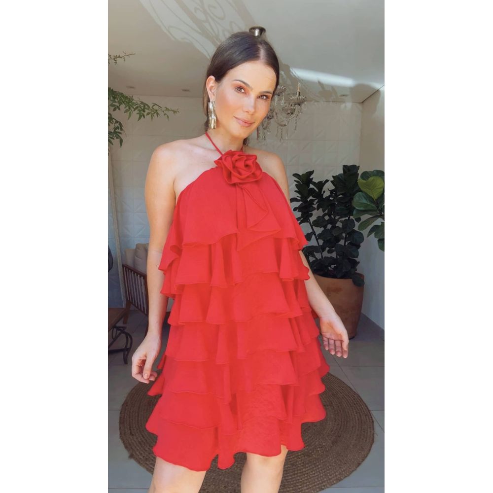 Vestidos Camadas Flor Chiclé Vermelha