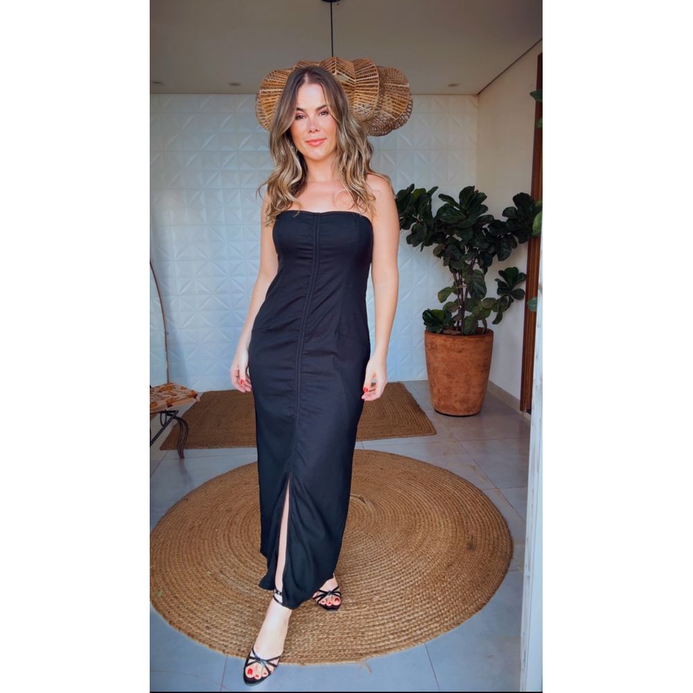 Vestido Reto Recortes Preto
