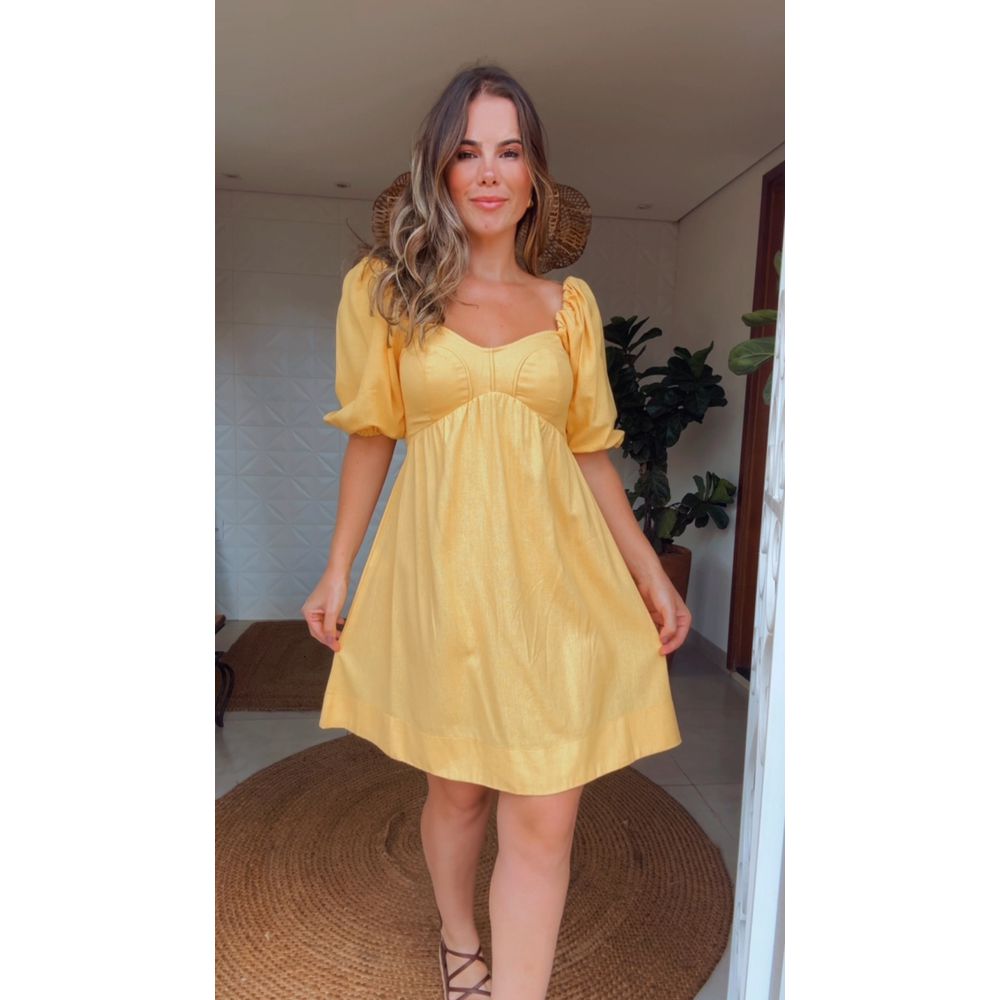 Vestido Curto Mangas Bufantes Amarelo