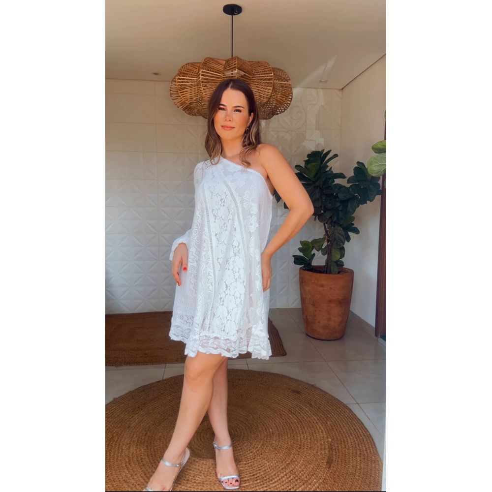 Vestido Curto Manga Pacth De Renda Off White