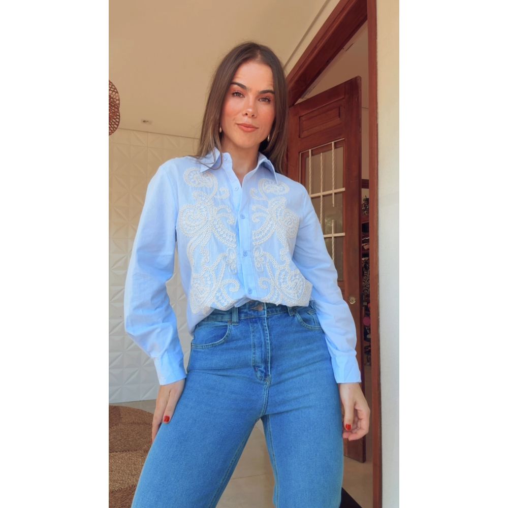Camisa Bordada Anne Azul Claro