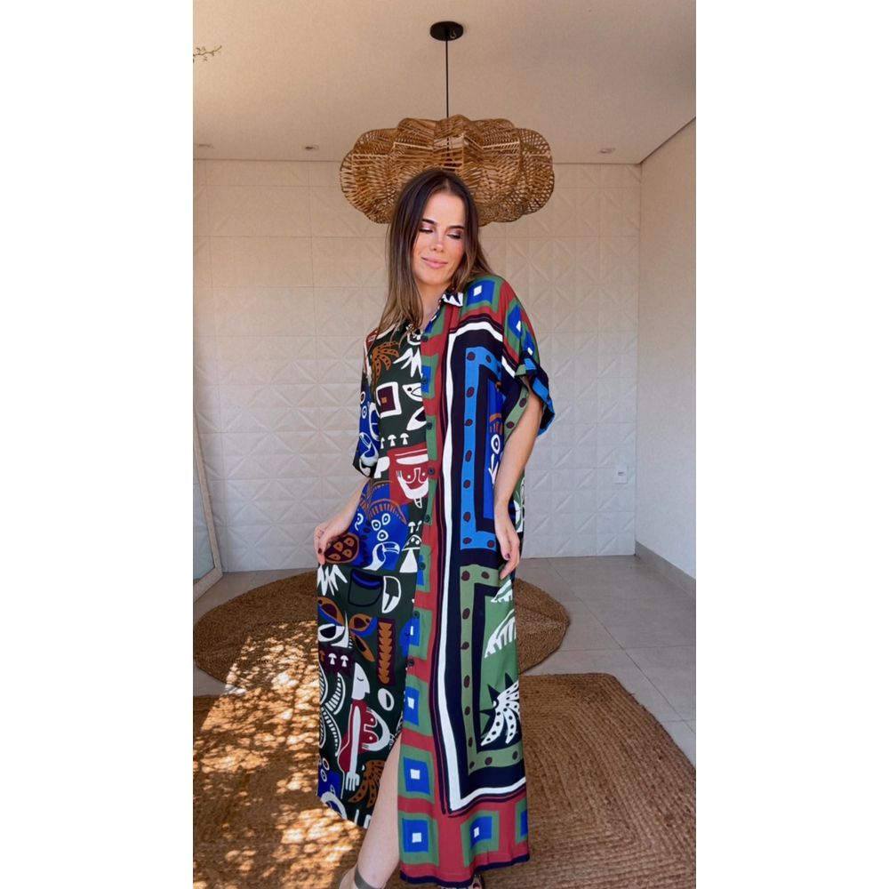 Vestido Camisa Lenço Tropical Estampado