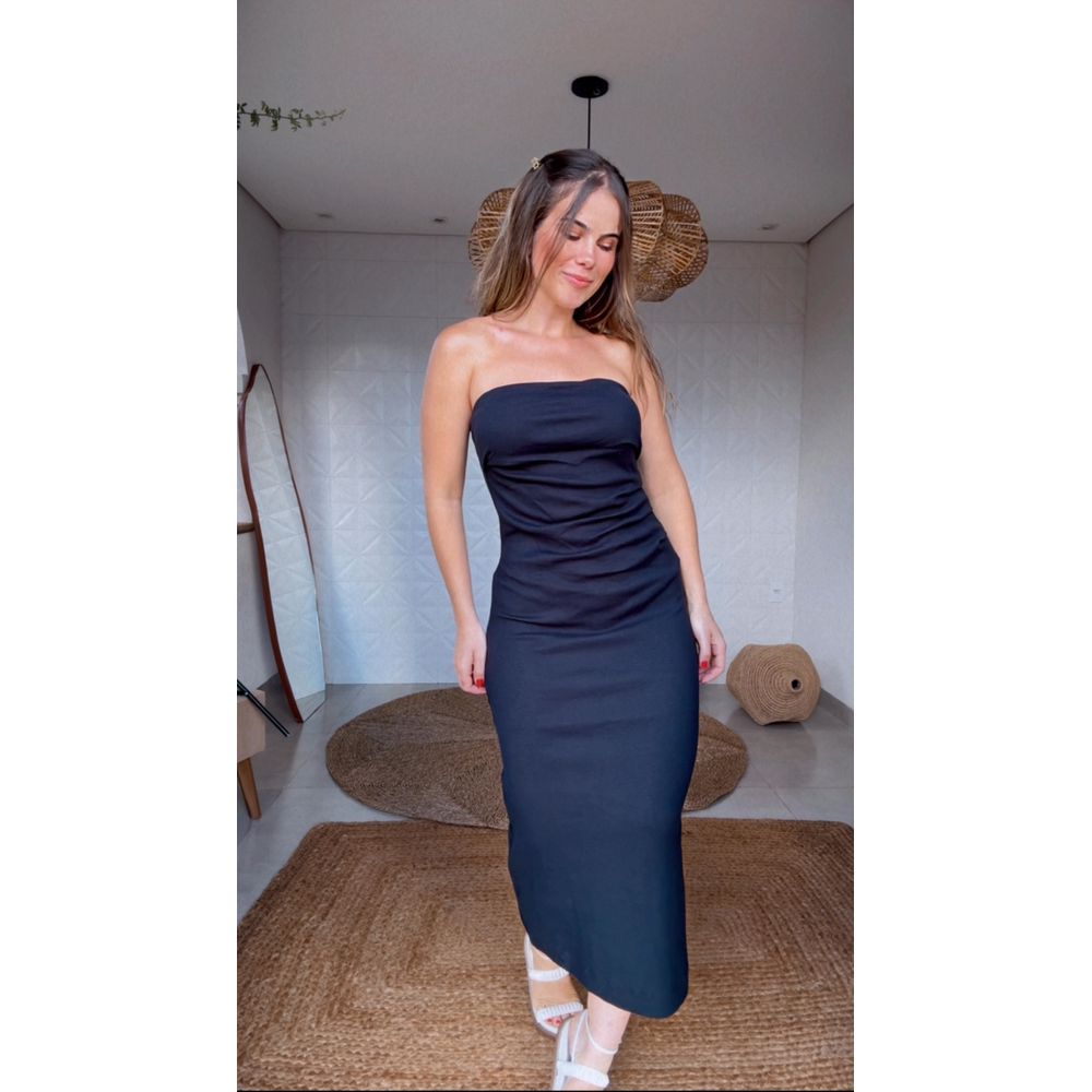 Vestido Sem Alça Pregas Preto