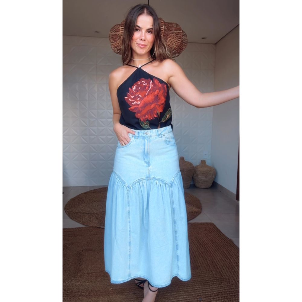 Saia Midi Jeans Pala Curva Franzida Estampado