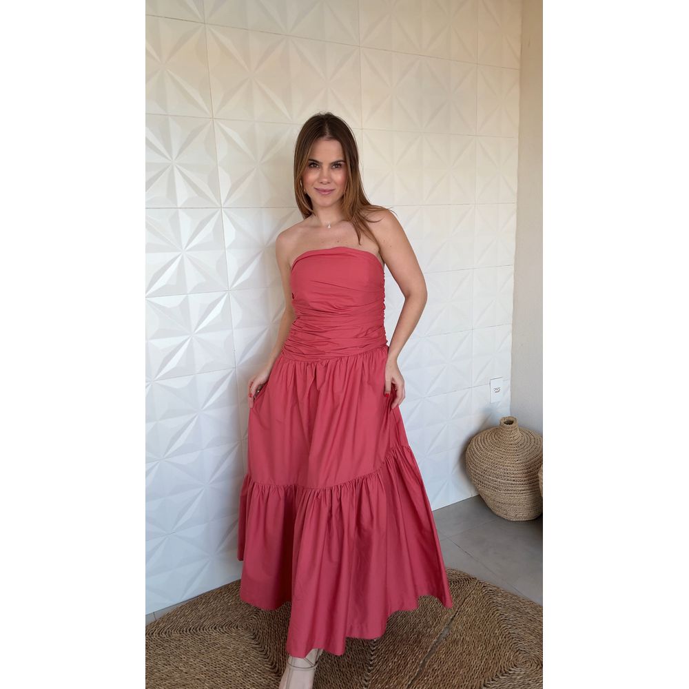 Vestido Sem Alça Franzido Vermelho Estampado